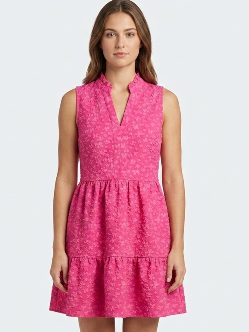 Cato Bright Pink Floral Textured Sleeveless Tiered Dress Notch Neck Size Medium